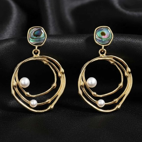 2/$21 Round Faux Abalone Pearl Dangle Earrings - Picture 2 of 11